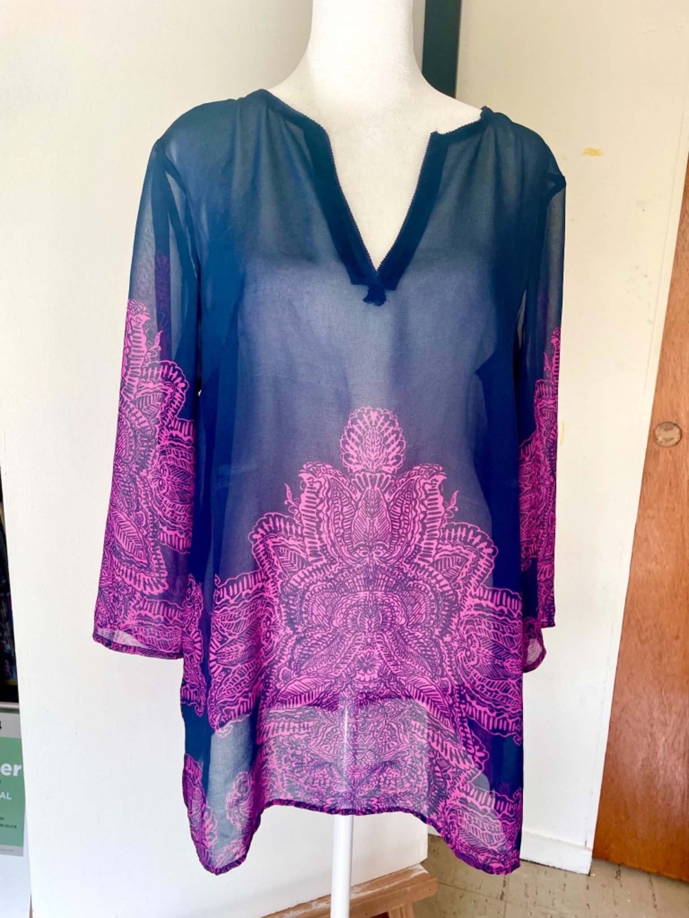 Ann Taylor Sheer Boho Indian Hindu Influenced Paisley Print Tunic Top M